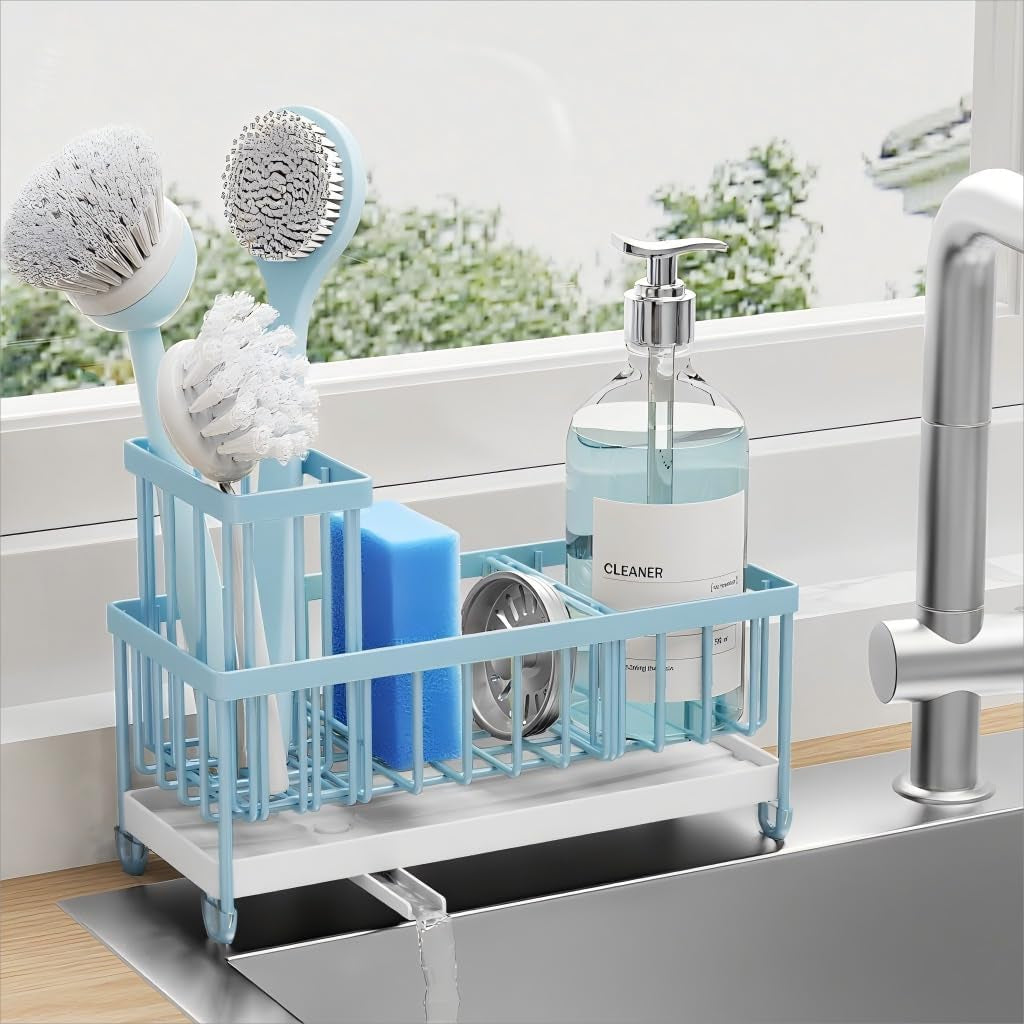 Black Sponge Holder for Kitchen Sink, Sink Caddy Organizer with High Brush Holder, Kitchen Countertop Organizers and Storage Essentials, Rustproof 304 Stainless Steel, Soap Dispenser Organize