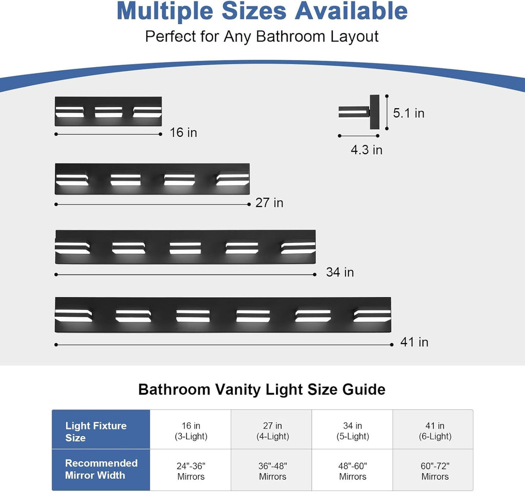 Modern LED Bathroom Lights Fixtures(3-Light),Metal Black Acrylic Wall Lighting,Vanity Lights for Bathroom over Mirror(6000K 16In