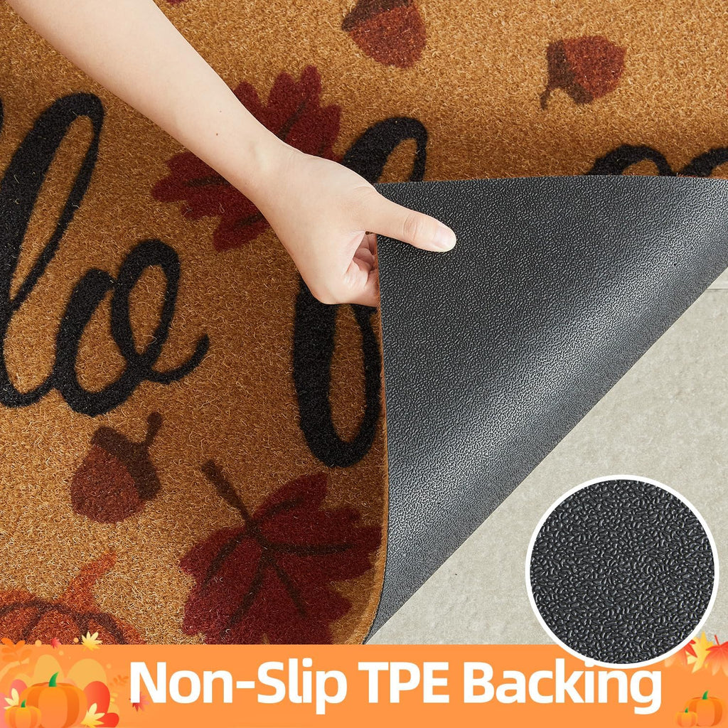 Hello Fall Pumpkin Door Mat Autumn Welcome Mat for Front Door Outdoor Entrance Doormat Coir Dirt Trapper with Non Slip Backing,17X30, Maple Leaves