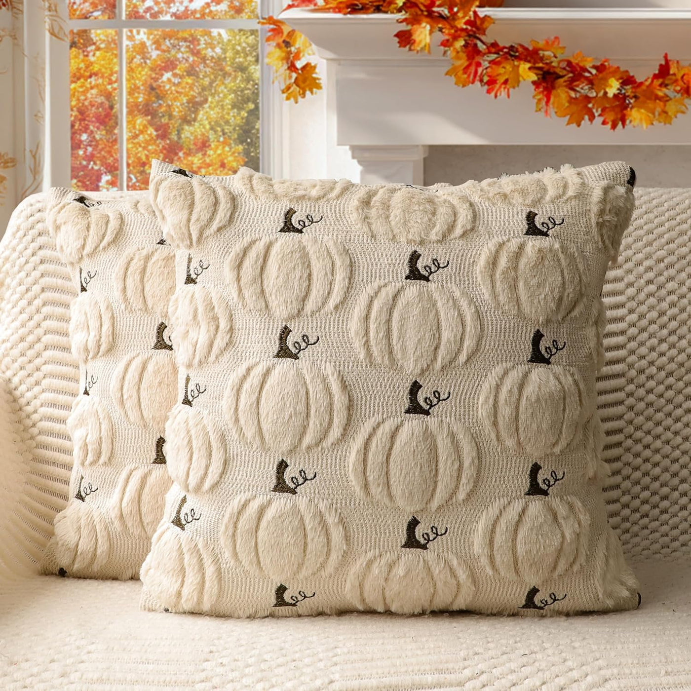 Fall Pumpkins Decorative Pillow Covers 18X18 Set of 2, Beige Soft Plush Faux Fur Wool Farmhouse Throw Cushion Cases for Autumn Thanksgiving Holiday Home Decorations
