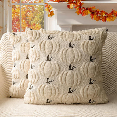 Fall Pumpkins Decorative Pillow Covers 18X18 Set of 2, Beige Soft Plush Faux Fur Wool Farmhouse Throw Cushion Cases for Autumn Thanksgiving Holiday Home Decorations