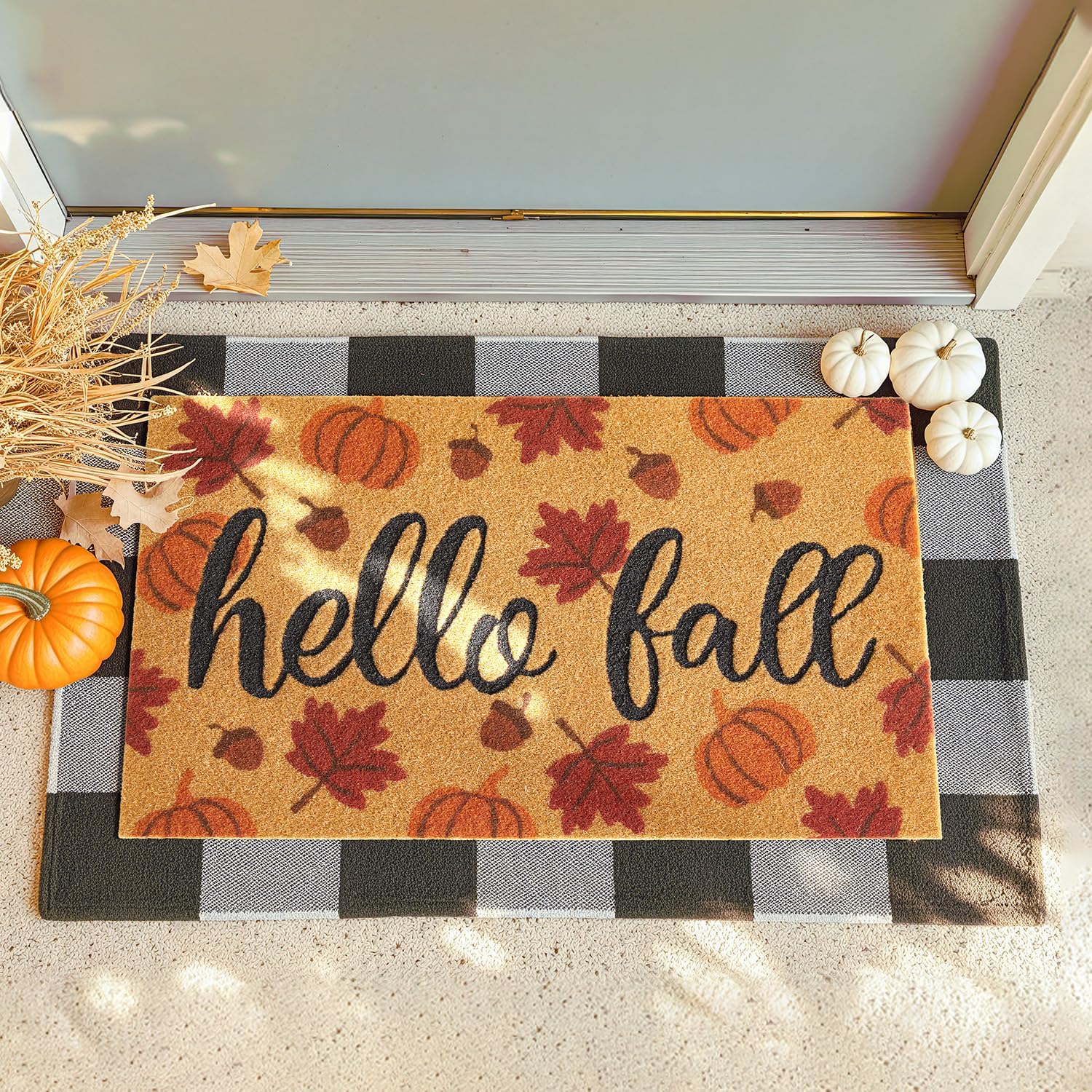 Hello Fall Pumpkin Door Mat Autumn Welcome Mat for Front Door Outdoor Entrance Doormat Coir Dirt Trapper with Non Slip Backing,17X30, Maple Leaves