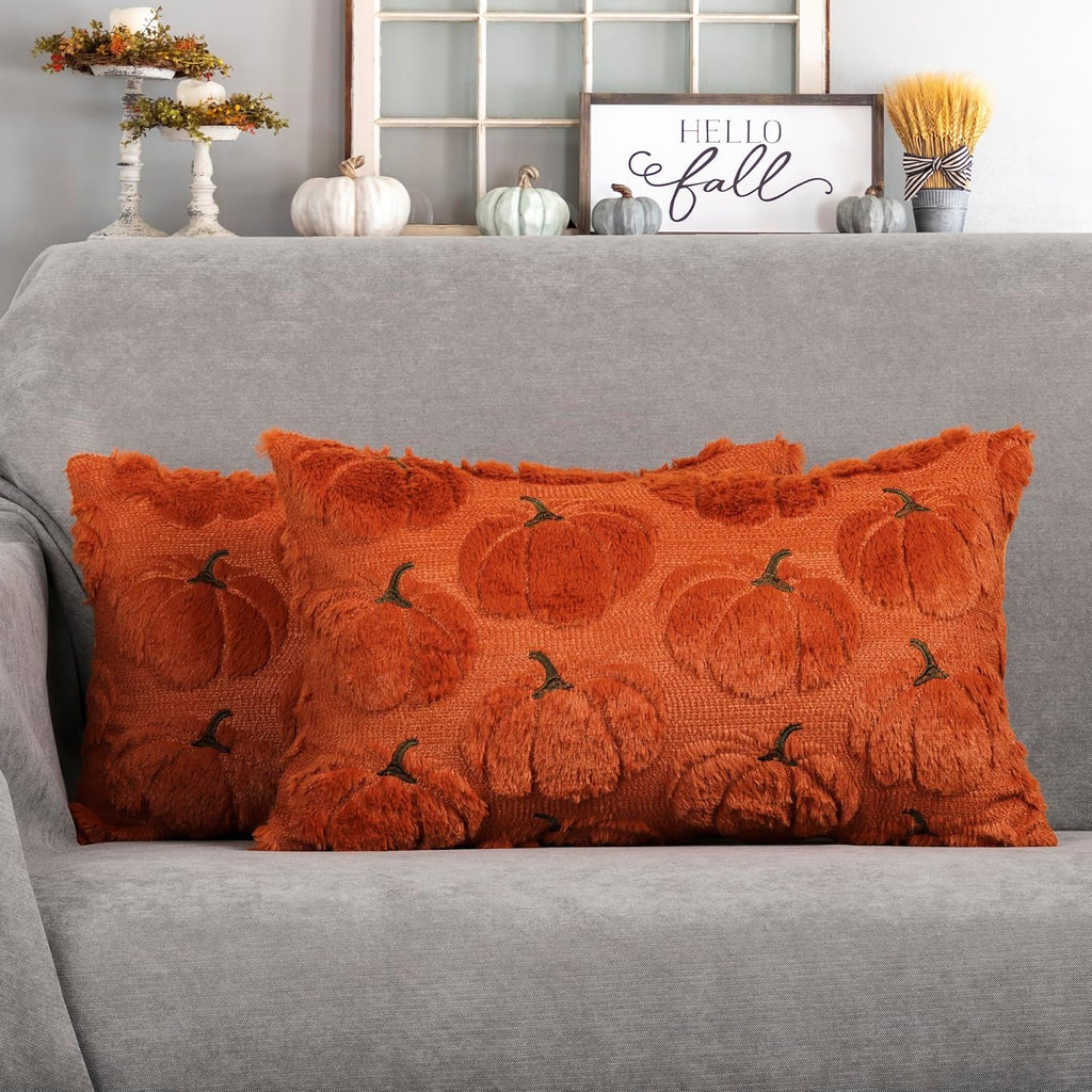 Fall Pumpkins Decorative Pillow Covers 18X18 Set of 2, Beige Soft Plush Faux Fur Wool Farmhouse Throw Cushion Cases for Autumn Thanksgiving Holiday Home Decorations