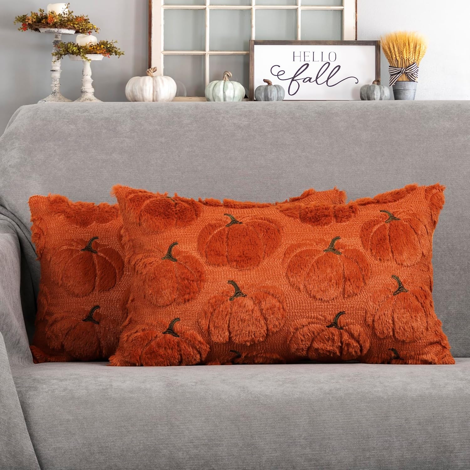 Fall Pumpkins Decorative Pillow Covers 18X18 Set of 2, Beige Soft Plush Faux Fur Wool Farmhouse Throw Cushion Cases for Autumn Thanksgiving Holiday Home Decorations