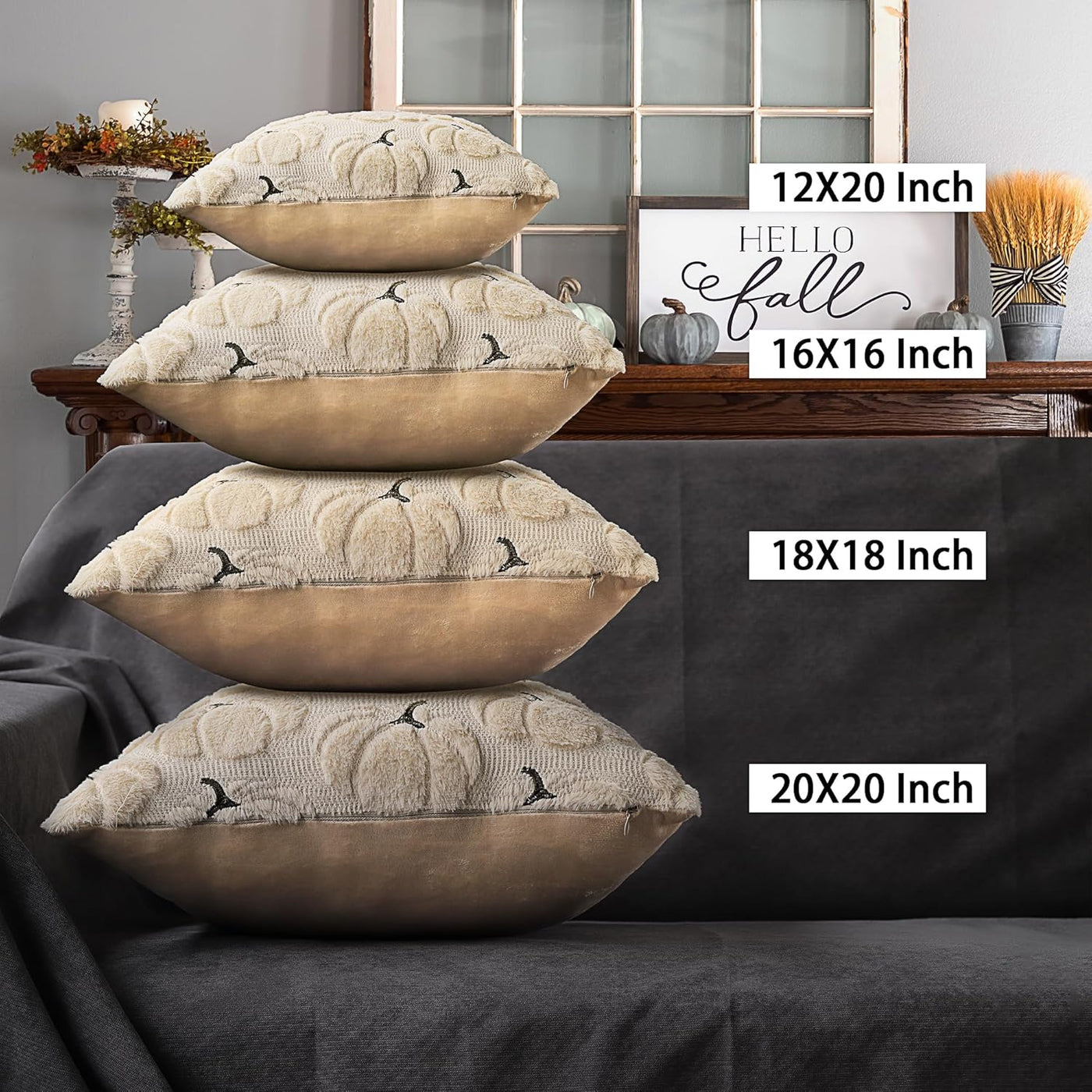 Fall Pumpkins Decorative Pillow Covers 18X18 Set of 2, Beige Soft Plush Faux Fur Wool Farmhouse Throw Cushion Cases for Autumn Thanksgiving Holiday Home Decorations