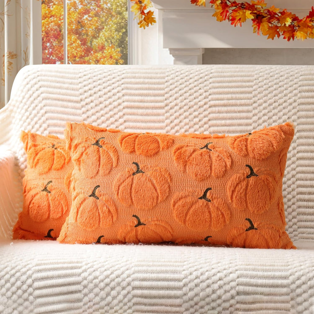 Fall Pumpkins Decorative Pillow Covers 18X18 Set of 2, Beige Soft Plush Faux Fur Wool Farmhouse Throw Cushion Cases for Autumn Thanksgiving Holiday Home Decorations