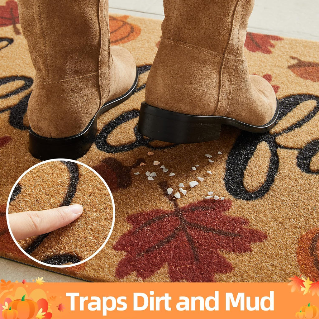 Hello Fall Pumpkin Door Mat Autumn Welcome Mat for Front Door Outdoor Entrance Doormat Coir Dirt Trapper with Non Slip Backing,17X30, Maple Leaves