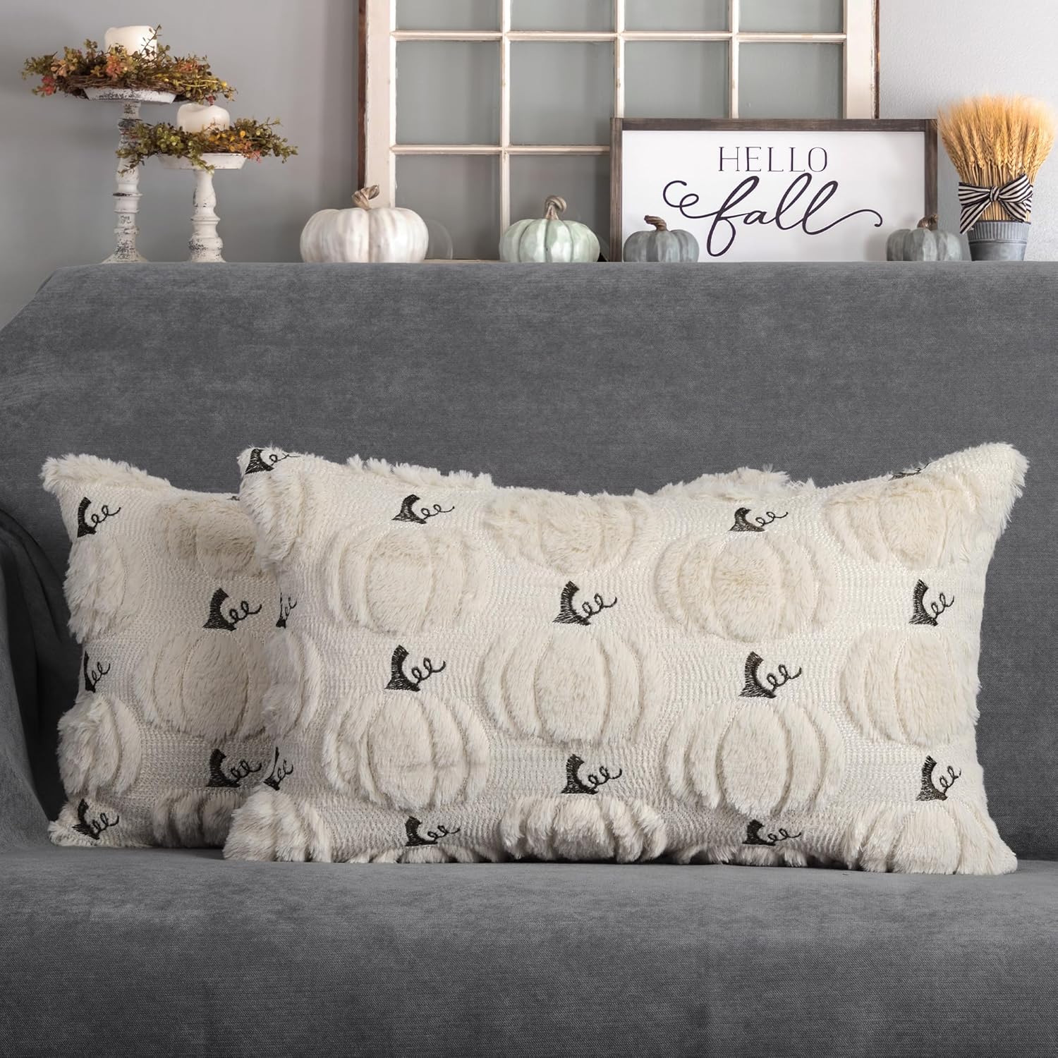 Fall Pumpkins Decorative Pillow Covers 18X18 Set of 2, Beige Soft Plush Faux Fur Wool Farmhouse Throw Cushion Cases for Autumn Thanksgiving Holiday Home Decorations