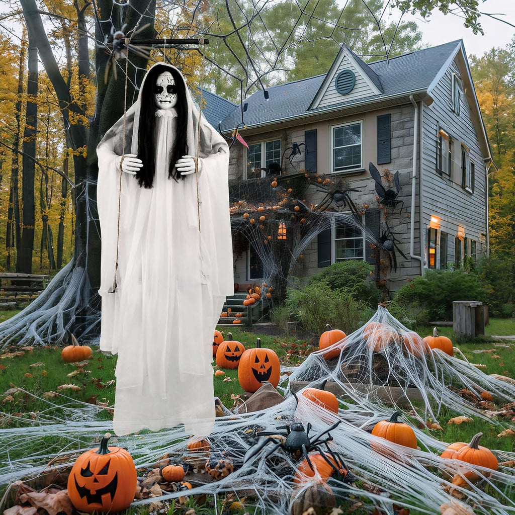 Scary Halloween Decorations Outdoor, Hanging Swinging Girl with Sound & Slap Activated, Light up Eyes, Creepy Expression, 6.2FT Halloween Decor for Indoor Outdoor Haunted House