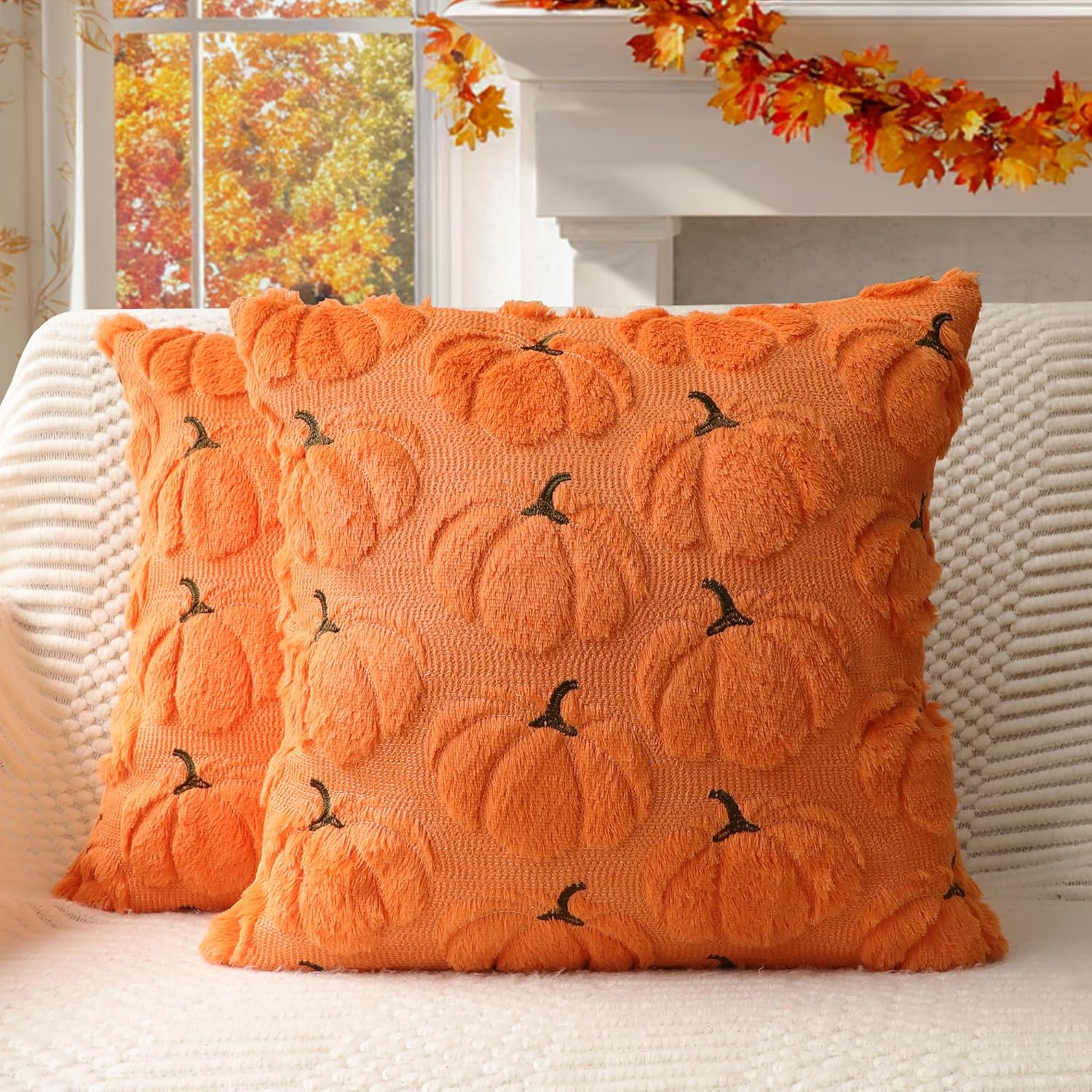 Fall Pumpkins Decorative Pillow Covers 18X18 Set of 2, Beige Soft Plush Faux Fur Wool Farmhouse Throw Cushion Cases for Autumn Thanksgiving Holiday Home Decorations