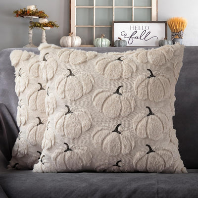 Fall Pumpkins Decorative Pillow Covers 18X18 Set of 2, Beige Soft Plush Faux Fur Wool Farmhouse Throw Cushion Cases for Autumn Thanksgiving Holiday Home Decorations