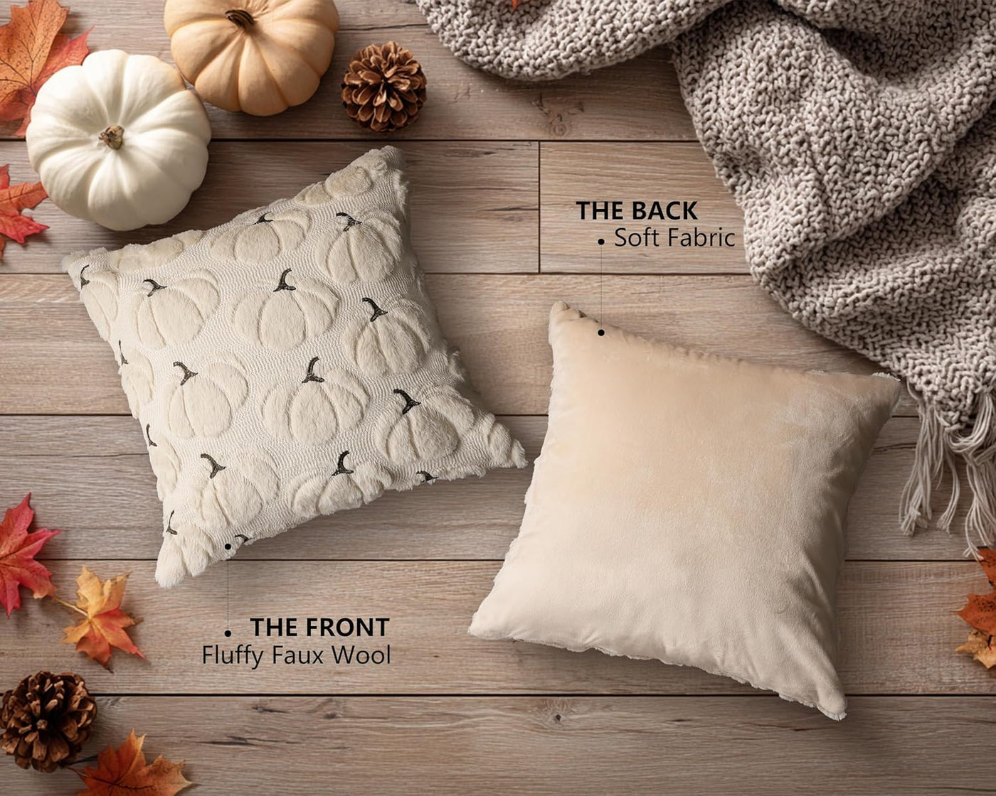 Fall Pumpkins Decorative Pillow Covers 18X18 Set of 2, Beige Soft Plush Faux Fur Wool Farmhouse Throw Cushion Cases for Autumn Thanksgiving Holiday Home Decorations