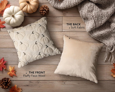 Fall Pumpkins Decorative Pillow Covers 18X18 Set of 2, Beige Soft Plush Faux Fur Wool Farmhouse Throw Cushion Cases for Autumn Thanksgiving Holiday Home Decorations