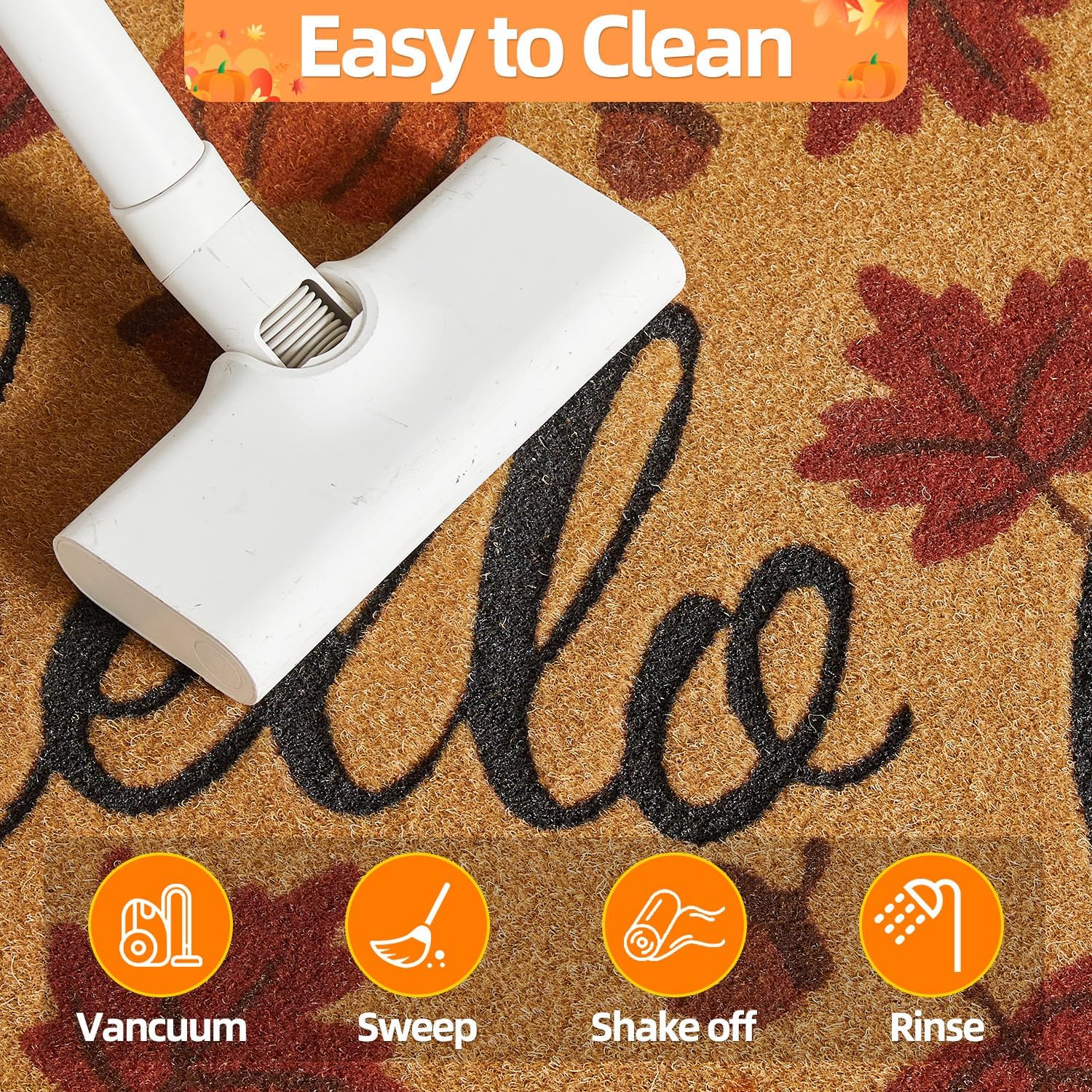 Hello Fall Pumpkin Door Mat Autumn Welcome Mat for Front Door Outdoor Entrance Doormat Coir Dirt Trapper with Non Slip Backing,17X30, Maple Leaves