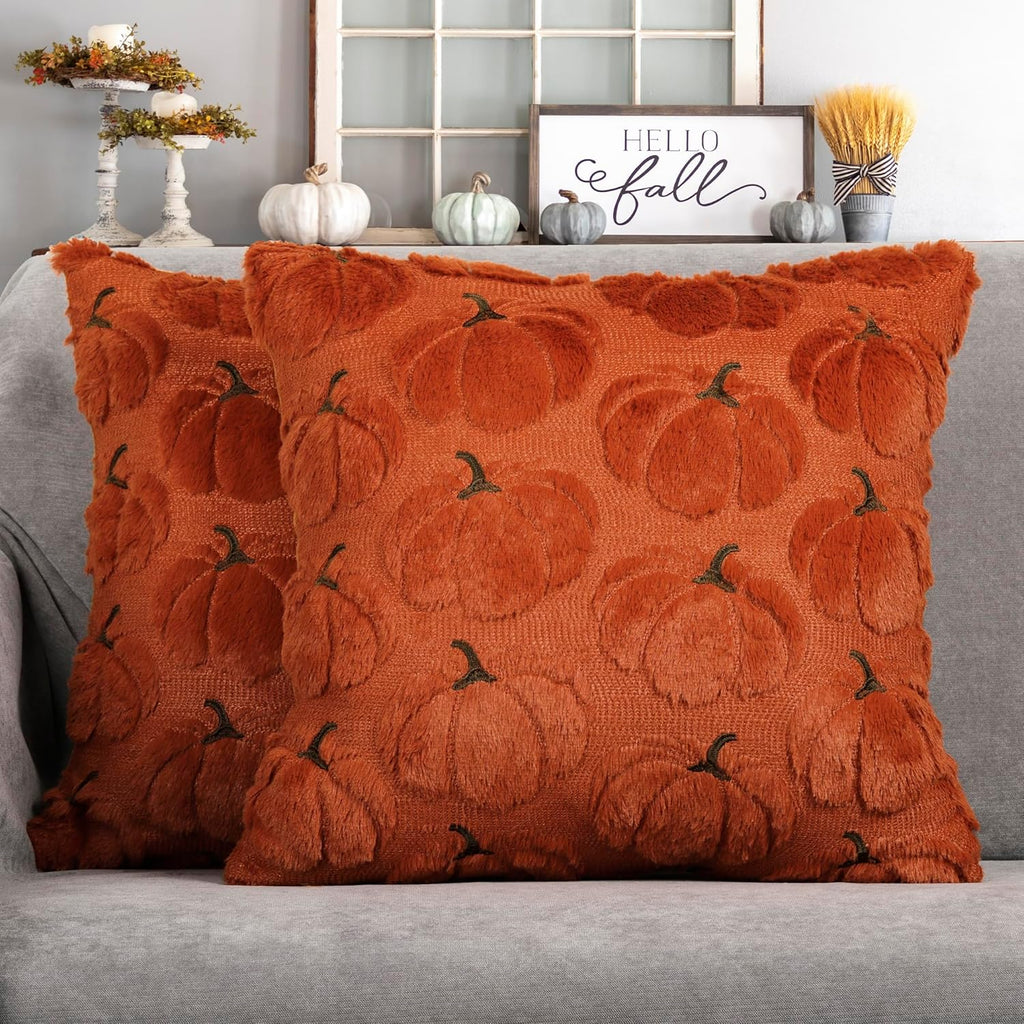 Fall Pumpkins Decorative Pillow Covers 18X18 Set of 2, Beige Soft Plush Faux Fur Wool Farmhouse Throw Cushion Cases for Autumn Thanksgiving Holiday Home Decorations