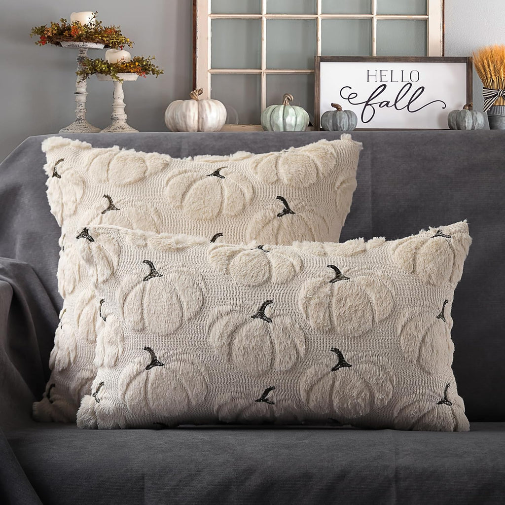 Fall Pumpkins Decorative Pillow Covers 18X18 Set of 2, Beige Soft Plush Faux Fur Wool Farmhouse Throw Cushion Cases for Autumn Thanksgiving Holiday Home Decorations