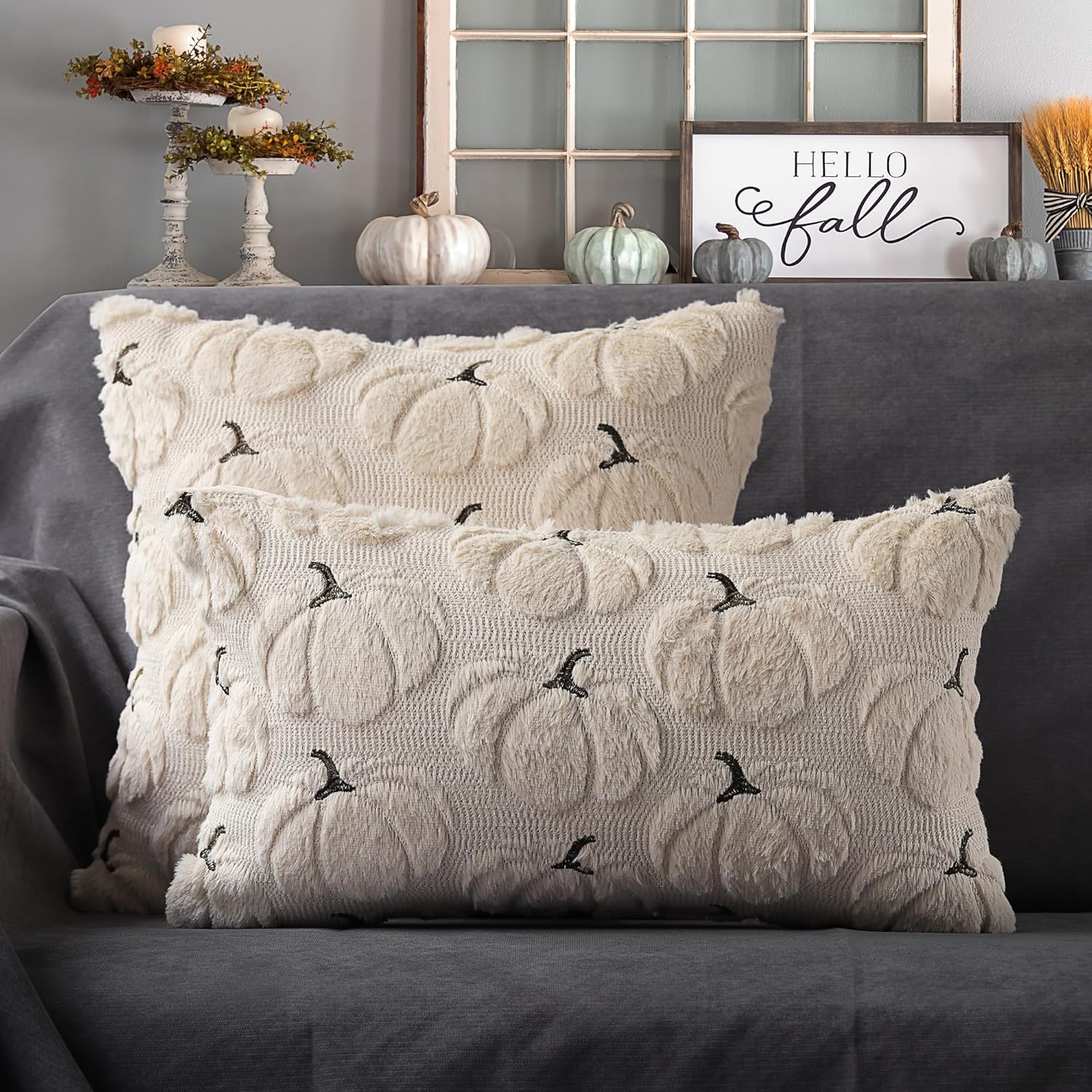 Fall Pumpkins Decorative Pillow Covers 18X18 Set of 2, Beige Soft Plush Faux Fur Wool Farmhouse Throw Cushion Cases for Autumn Thanksgiving Holiday Home Decorations