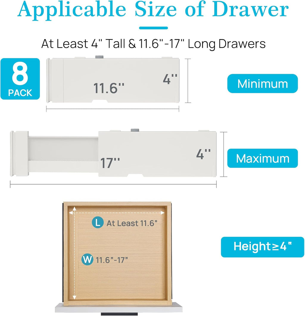 Drawer Dividers for Clothes 8 Pack, Adjustable 4" High Expandable from 11.6"-17" Dresser Drawer Organizer, Plastic Drawers Separators for Dresser, Baby Clothes, Kitchen and Office Storage