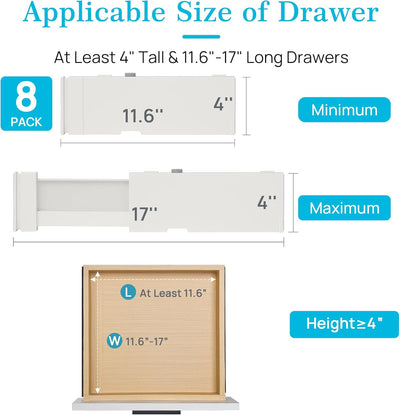 Drawer Dividers for Clothes 8 Pack, Adjustable 4" High Expandable from 11.6"-17" Dresser Drawer Organizer, Plastic Drawers Separators for Dresser, Baby Clothes, Kitchen and Office Storage
