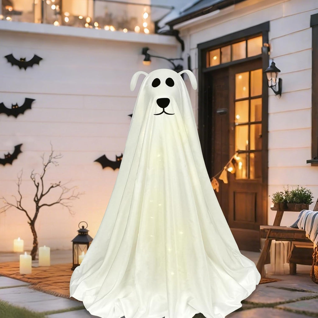 Halloween Decorations, Light-Up Freestanding Spooky Ghost Dog with Remote String Lights Battery Operated, Halloween Ghost Dog for Front Door Porch Yard Lawn Home Party