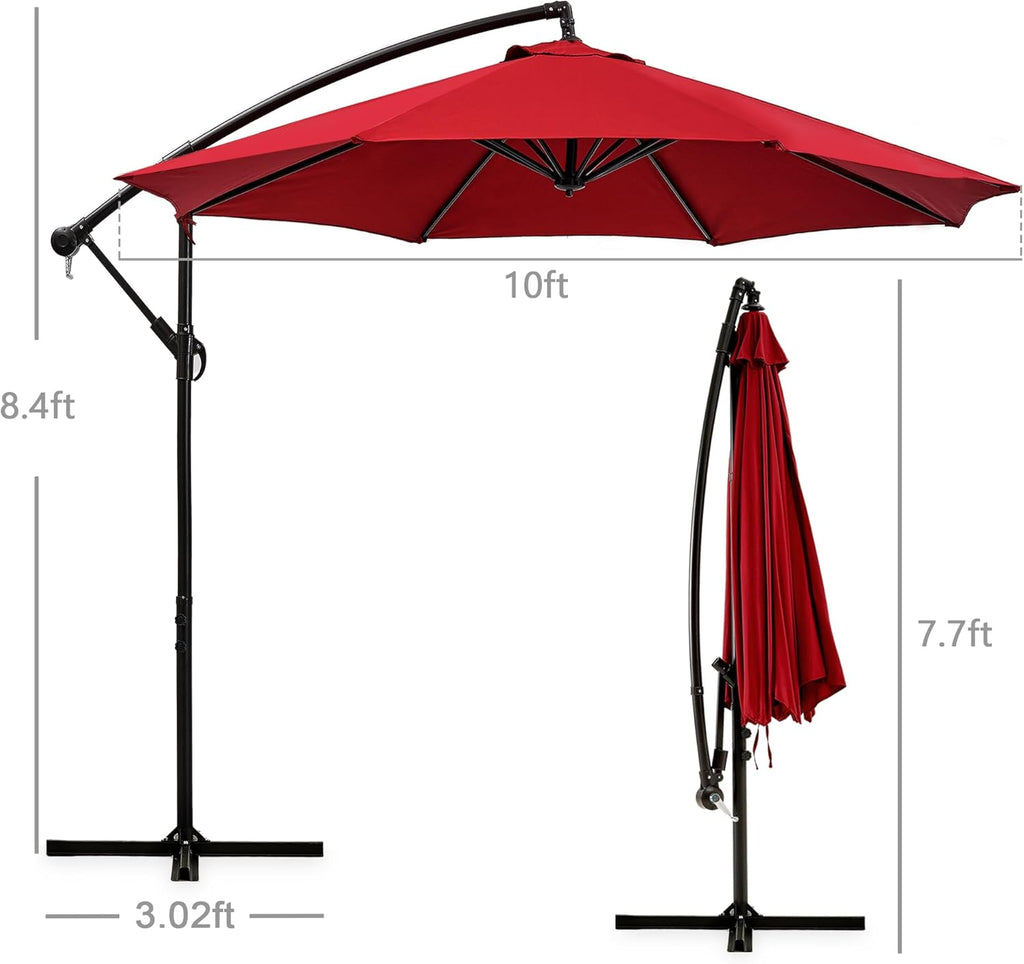 10Ft Offset Patio Umbrella, Cantilever Umbrella, Hanging Outdoor Umbrellas with 8 Ribs, Market Umbrella W/Uv Protection Waterproof for Market/Backyard/Pool/Garden/Lawn, Handy Crank&Cross Base