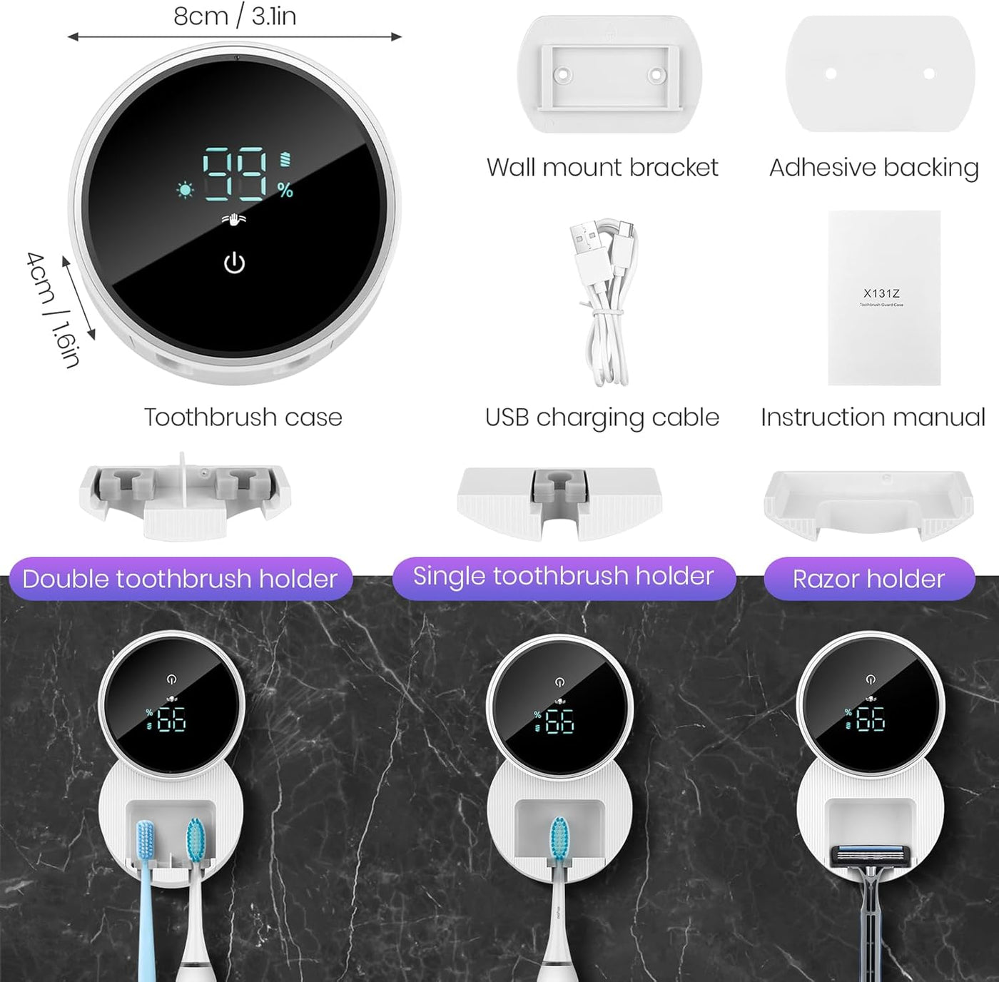 Wall Mounted Toothbrush Holder & Toothbrush Cleaner,Electric Toothbrush Holder, Razor Holder and Cleaner for Bathroom Accessory, with Auto Inductive Open/Close Cover, Clean, Dry for Home, Travel