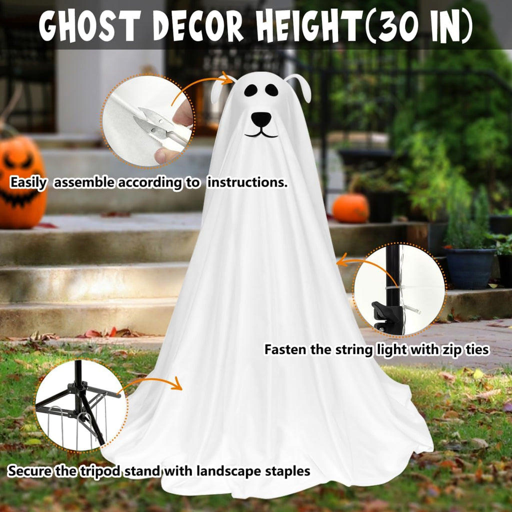 Halloween Decorations, Light-Up Freestanding Spooky Ghost Dog with Remote String Lights Battery Operated, Halloween Ghost Dog for Front Door Porch Yard Lawn Home Party