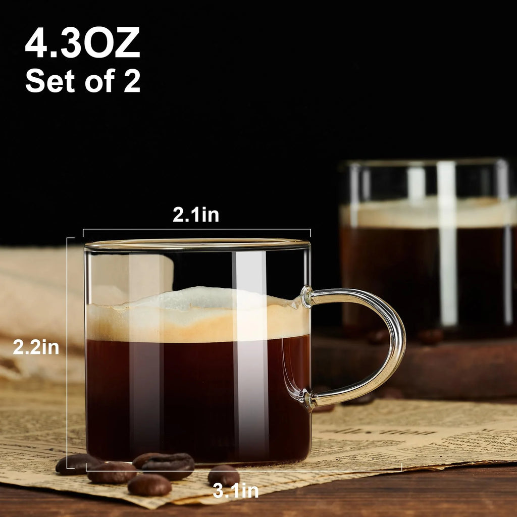 Coffee Espresso Cups Set of 2, 4.3Oz Espresso Shot Glasses, Milk Cup with Handle, Clear Glass