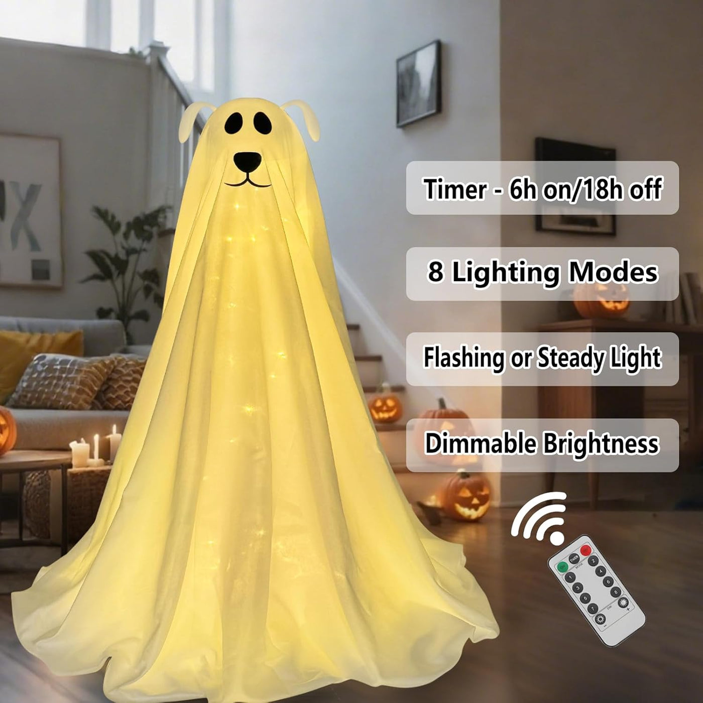 Halloween Decorations, Light-Up Freestanding Spooky Ghost Dog with Remote String Lights Battery Operated, Halloween Ghost Dog for Front Door Porch Yard Lawn Home Party