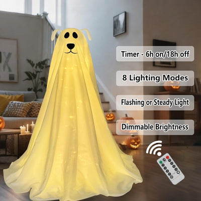 Halloween Decorations, Light-Up Freestanding Spooky Ghost Dog with Remote String Lights Battery Operated, Halloween Ghost Dog for Front Door Porch Yard Lawn Home Party