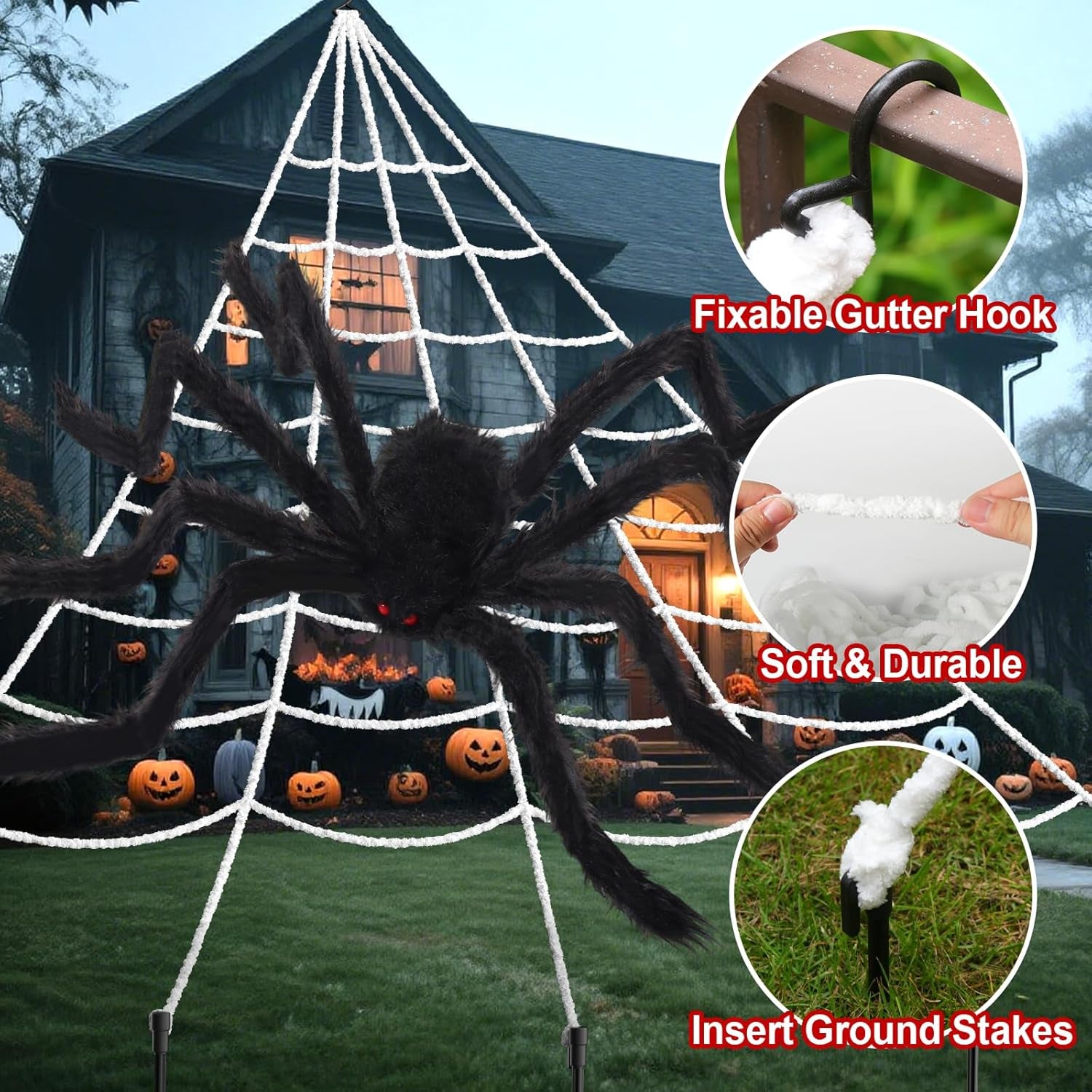 240'' Big Spider Web Halloween Decor+70'' Huge Spider for Roof with Triangular Big Web for on House outside and Inside