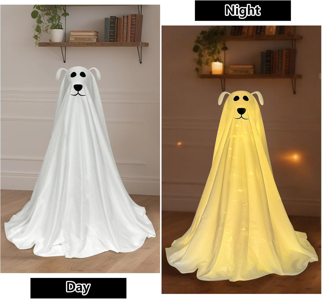 Halloween Decorations, Light-Up Freestanding Spooky Ghost Dog with Remote String Lights Battery Operated, Halloween Ghost Dog for Front Door Porch Yard Lawn Home Party