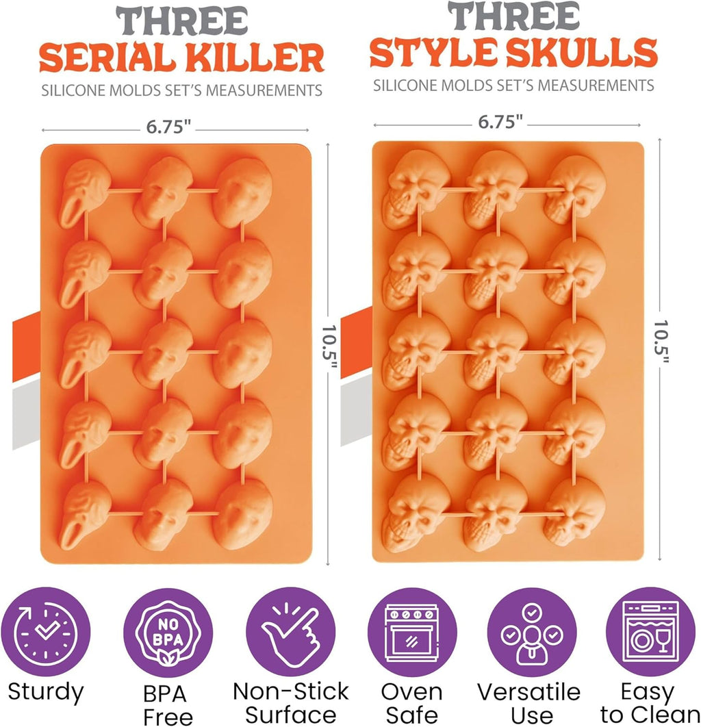 icemolds Horror Movie Character Molds – Halloween Silicone Molds for Chocolate, Candy, Resin, Crafts – 3D Scary Film Icons for Party Treats & DIY Decor (Orange)