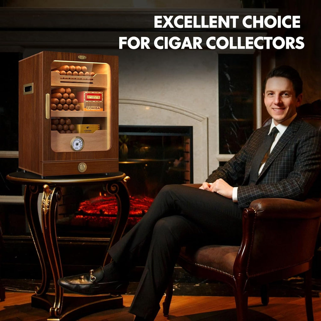 Cigar Humidor, Desktop Cigar Humidor Cabinet Light Control System with Spanish Cedar Wood Shelves, Hygrometer, 3 Humidifiers and Cigar Accessories Drawer, Father'S Day Gift for Men (Brown)