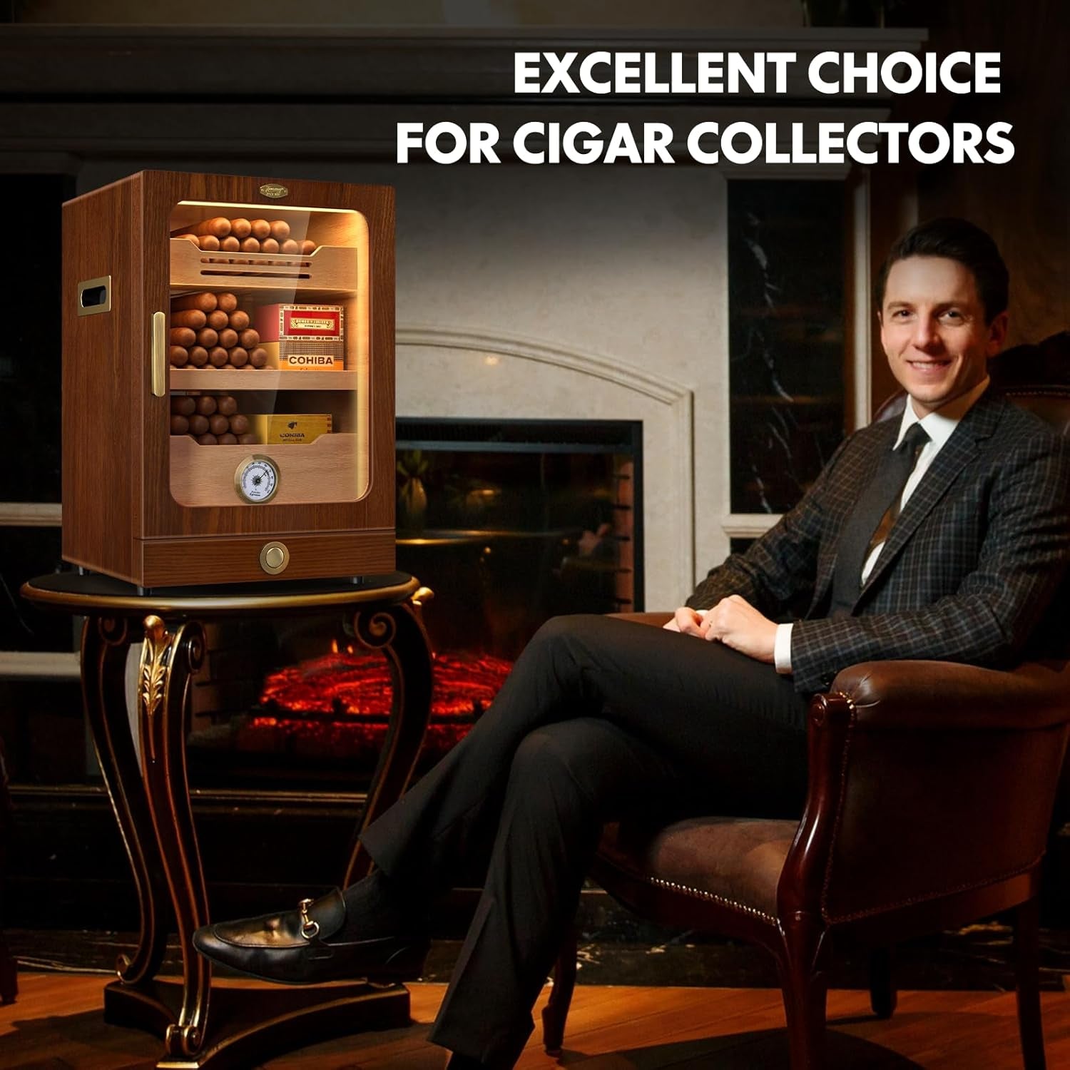 Cigar Humidor, Desktop Cigar Humidor Cabinet Light Control System with Spanish Cedar Wood Shelves, Hygrometer, 3 Humidifiers and Cigar Accessories Drawer, Father'S Day Gift for Men (Brown)