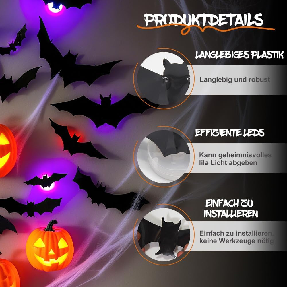 2025 New Halloween 3D Lighted Bats, LED Purple Lighted 3D Bats Halloween Decoration, Upgrade LED Glowing Bat Group Hanging Wall Luminous Glow Clings Multipack (24Pcs Black)