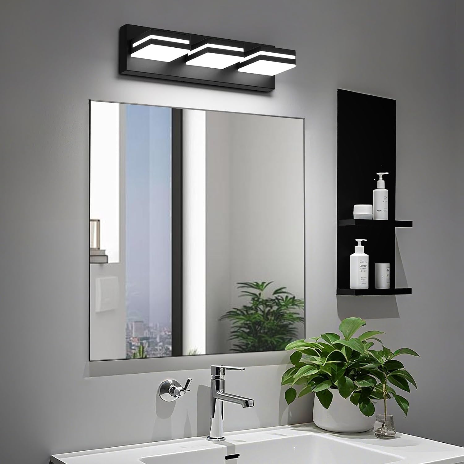 Modern LED Bathroom Lights Fixtures(3-Light),Metal Black Acrylic Wall Lighting,Vanity Lights for Bathroom over Mirror(6000K 16In
