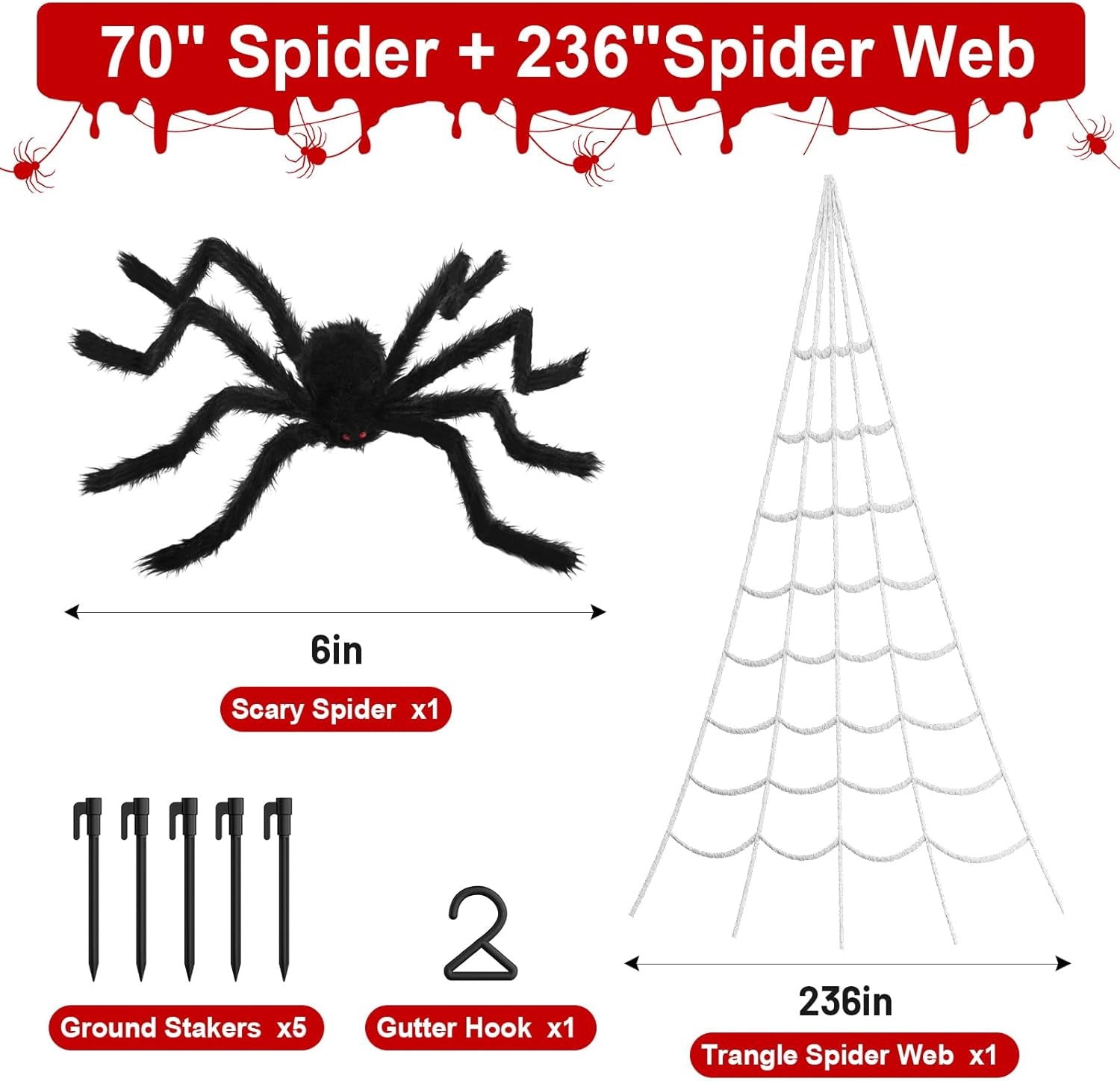240'' Big Spider Web Halloween Decor+70'' Huge Spider for Roof with Triangular Big Web for on House outside and Inside