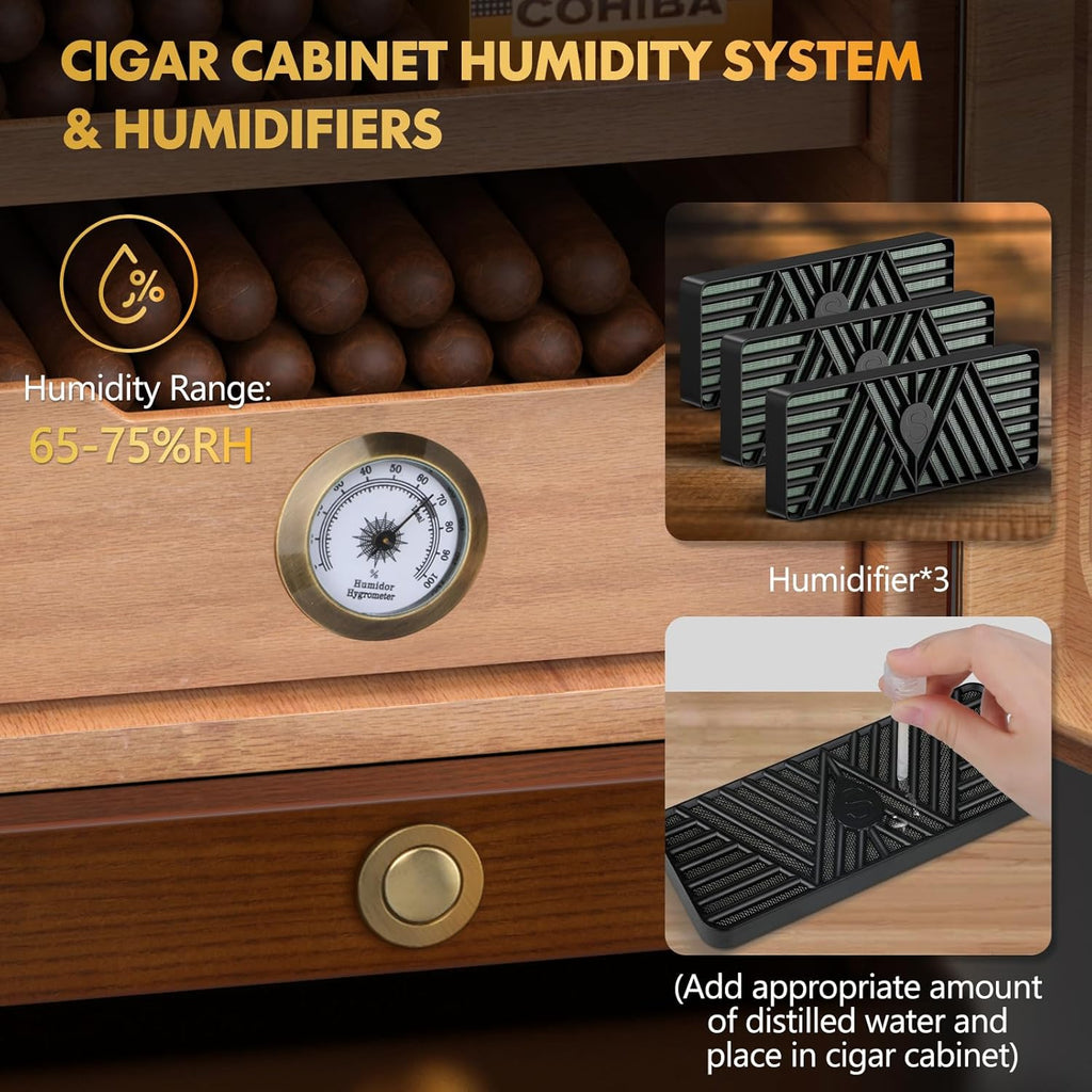 Cigar Humidor, Desktop Cigar Humidor Cabinet Light Control System with Spanish Cedar Wood Shelves, Hygrometer, 3 Humidifiers and Cigar Accessories Drawer, Father'S Day Gift for Men (Brown)