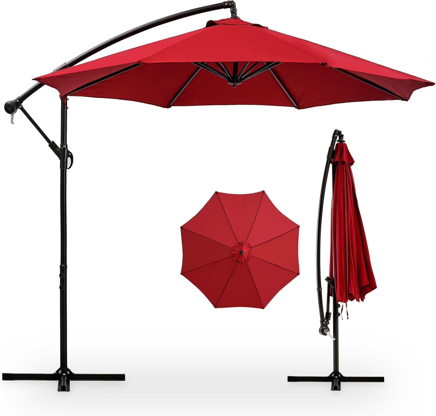 10Ft Offset Patio Umbrella, Cantilever Umbrella, Hanging Outdoor Umbrellas with 8 Ribs, Market Umbrella W/Uv Protection Waterproof for Market/Backyard/Pool/Garden/Lawn, Handy Crank&Cross Base