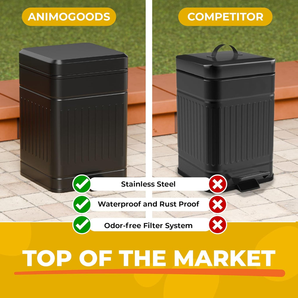 Small Dog Poop Trash Can Outside, 1.3 Gal Stainless Steel Dog Waste Trash Can, Waterproof Small Poop Bucket Outdoor with Lid, Poop Pail for Dogs, Dog Poop Bin Outdoor with Odor Control (Black)