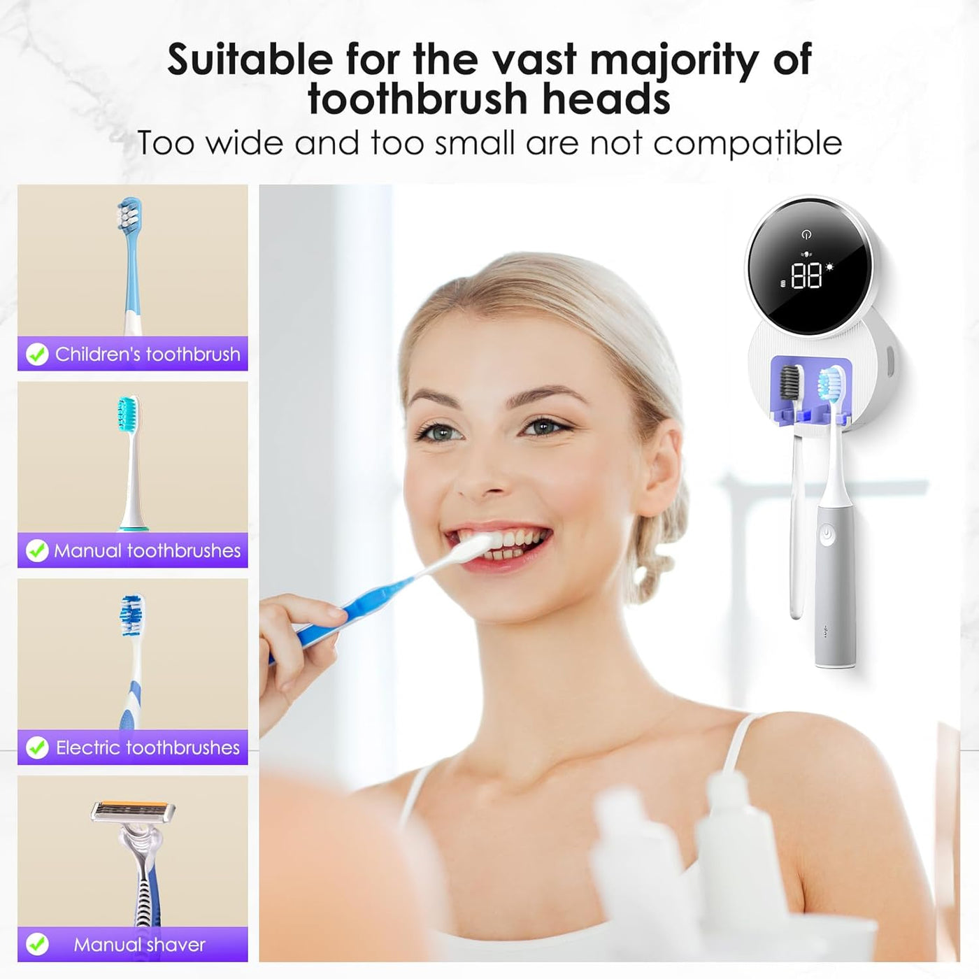 Wall Mounted Toothbrush Holder & Toothbrush Cleaner,Electric Toothbrush Holder, Razor Holder and Cleaner for Bathroom Accessory, with Auto Inductive Open/Close Cover, Clean, Dry for Home, Travel