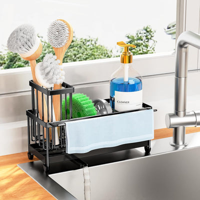 Black Sponge Holder for Kitchen Sink, Sink Caddy Organizer with High Brush Holder, Kitchen Countertop Organizers and Storage Essentials, Rustproof 304 Stainless Steel, Soap Dispenser Organize