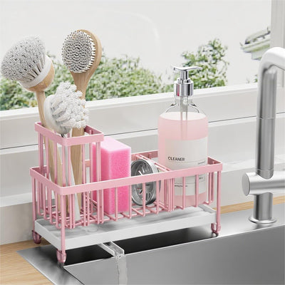 Black Sponge Holder for Kitchen Sink, Sink Caddy Organizer with High Brush Holder, Kitchen Countertop Organizers and Storage Essentials, Rustproof 304 Stainless Steel, Soap Dispenser Organize