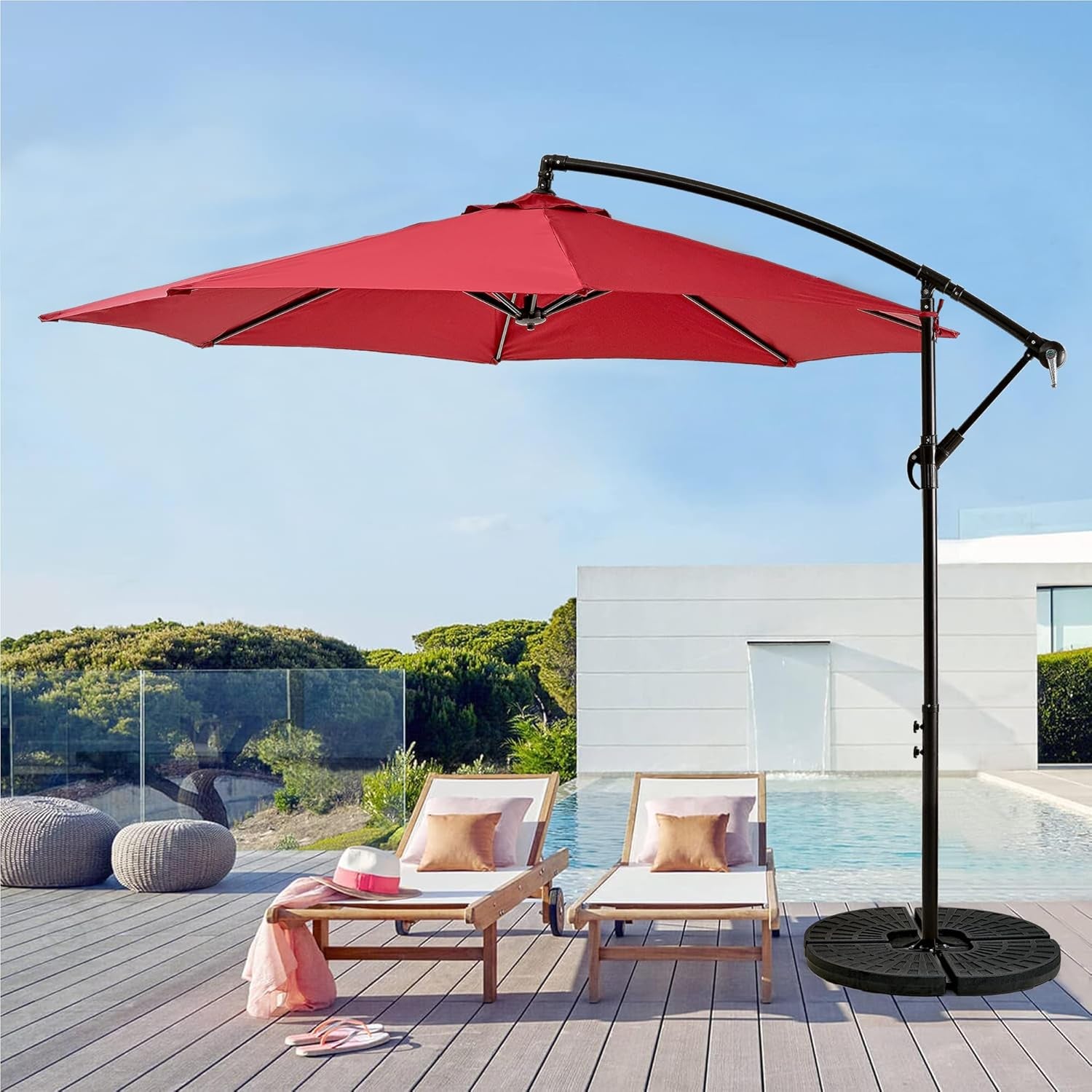 10Ft Offset Patio Umbrella, Cantilever Umbrella, Hanging Outdoor Umbrellas with 8 Ribs, Market Umbrella W/Uv Protection Waterproof for Market/Backyard/Pool/Garden/Lawn, Handy Crank&Cross Base