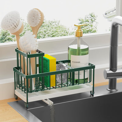 Black Sponge Holder for Kitchen Sink, Sink Caddy Organizer with High Brush Holder, Kitchen Countertop Organizers and Storage Essentials, Rustproof 304 Stainless Steel, Soap Dispenser Organize
