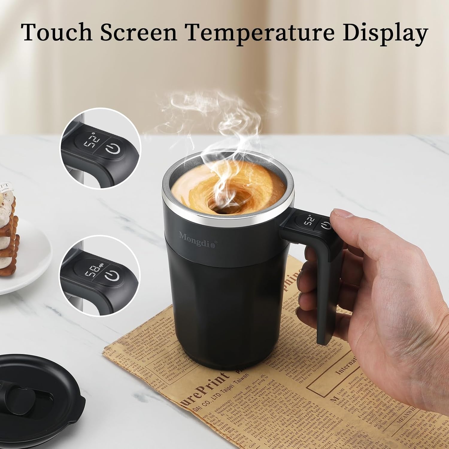 Self Stirring Coffee Mug with Temperature Display, Rechargeable Stirring Mug, Automatic Self Stirring Cup with Lid, for Coffee, Milk and Other Beverages, Black
