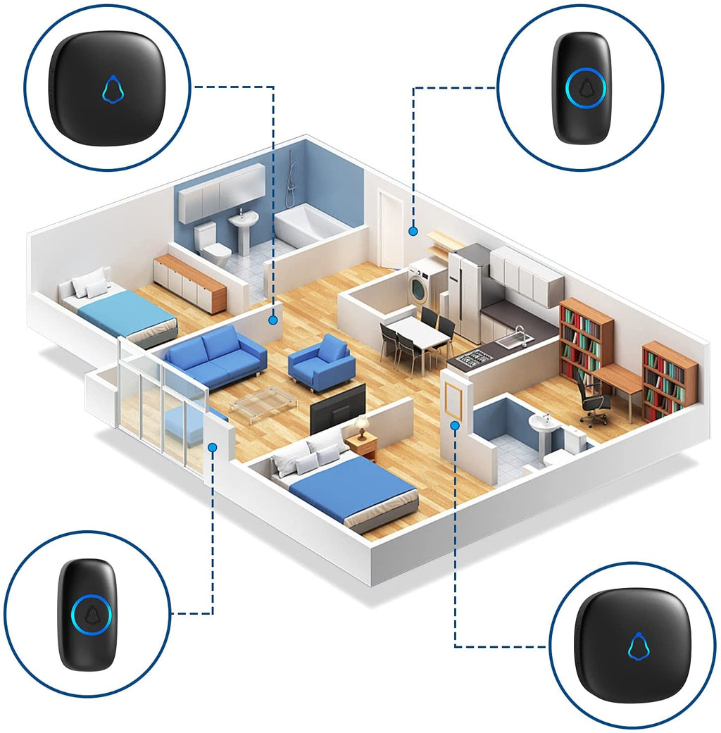 Wireless Doorbell, Easy Installation, Waterproof, Adjustable Volume, 58 Chimes, Colorful LED, 1000Ft Range, M520+F55, Black