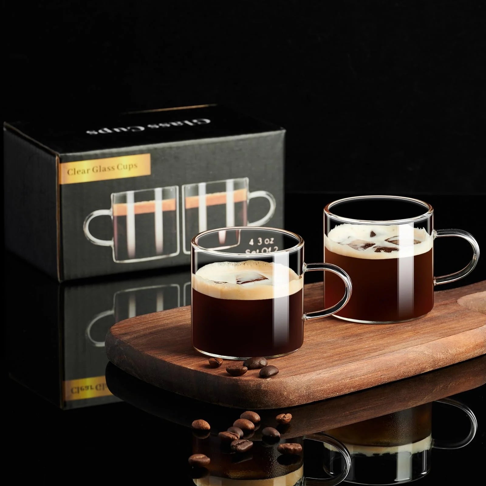 Coffee Espresso Cups Set of 2, 4.3Oz Espresso Shot Glasses, Milk Cup with Handle, Clear Glass