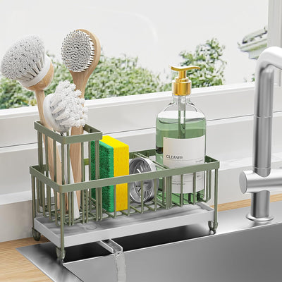 Black Sponge Holder for Kitchen Sink, Sink Caddy Organizer with High Brush Holder, Kitchen Countertop Organizers and Storage Essentials, Rustproof 304 Stainless Steel, Soap Dispenser Organize